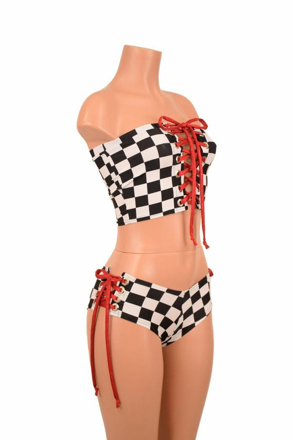 2PC Lace Up Top and Cheeky Booty Shorts Set - Coquetry Clothing