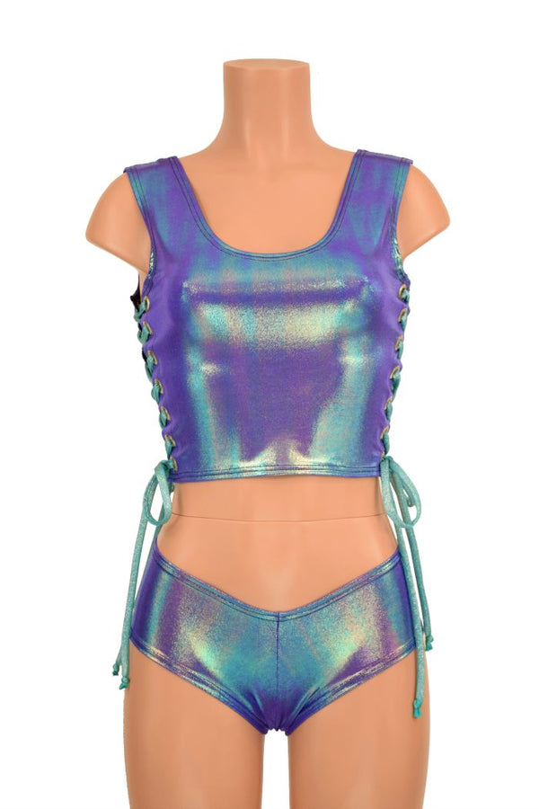 2PC Lace Up Top and Cheeky Booty Shorts Set - 5