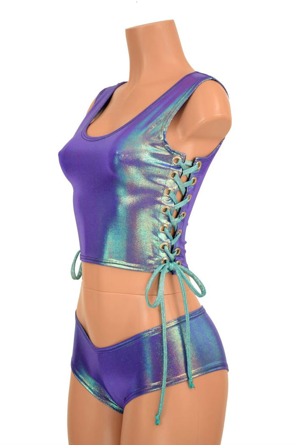 2PC Lace Up Top and Cheeky Booty Shorts Set - 4