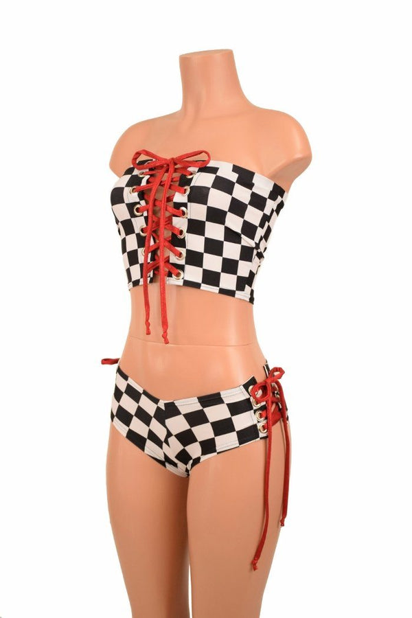 2PC Lace Up Top and Cheeky Booty Shorts Set - 2