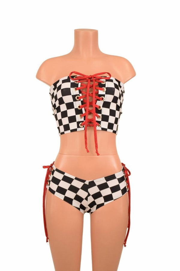 2PC Lace Up Top and Cheeky Booty Shorts Set - 3