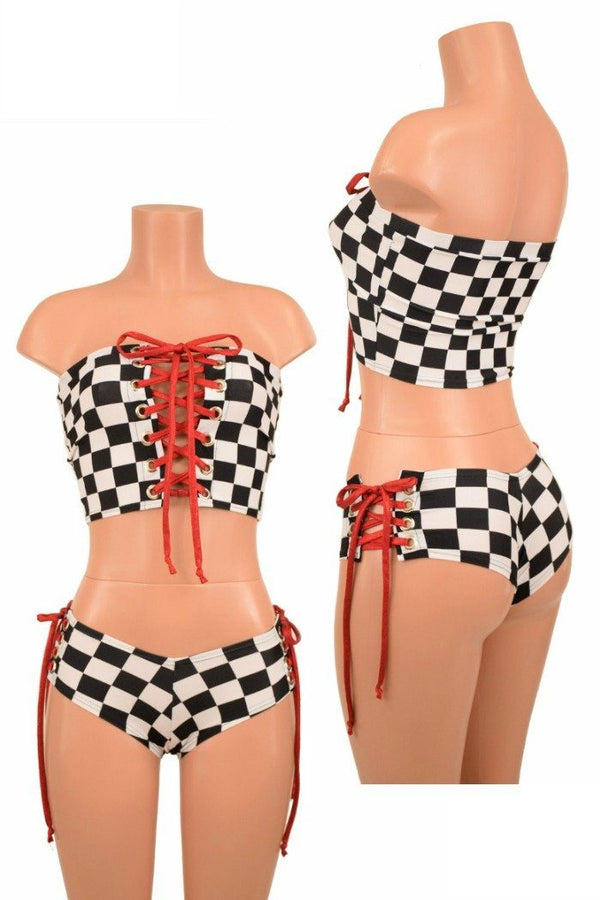 2PC Lace Up Top and Cheeky Booty Shorts Set - 1