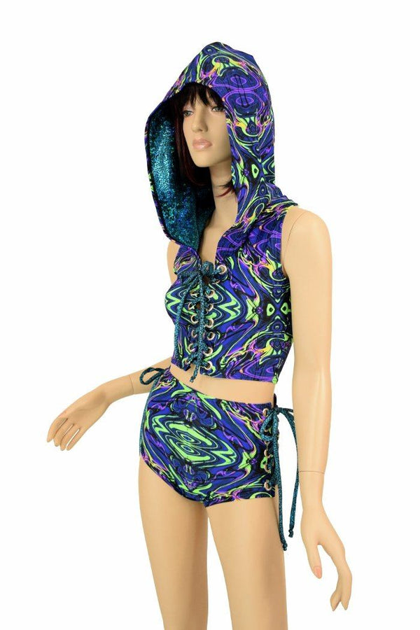 2PC Lace Up Top and Siren Shorts Set - 1