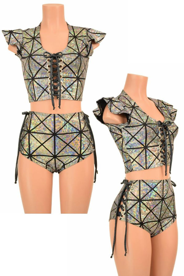 2PC Lace Up Top and Siren Shorts Set - 1