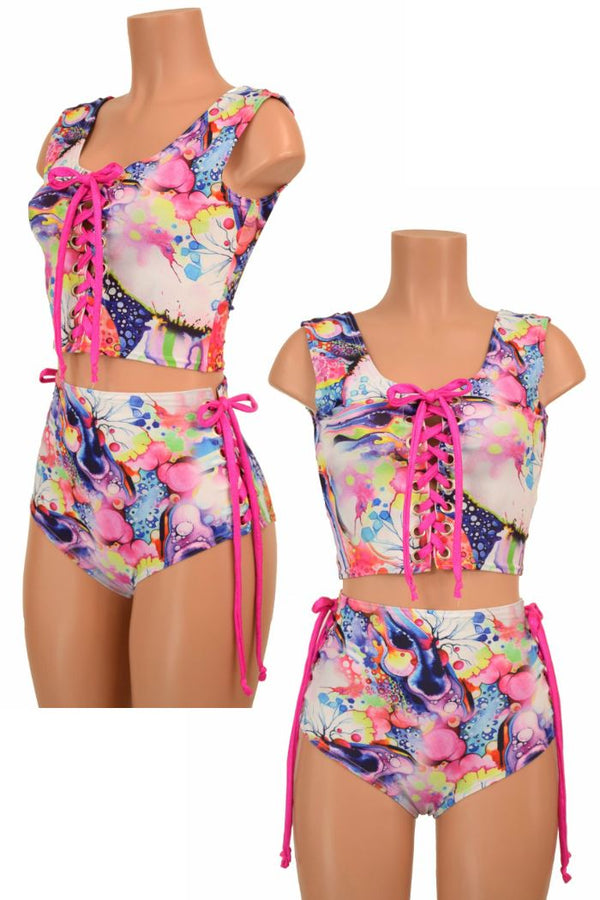 2PC Lace Up Top and Siren Shorts Set - 1