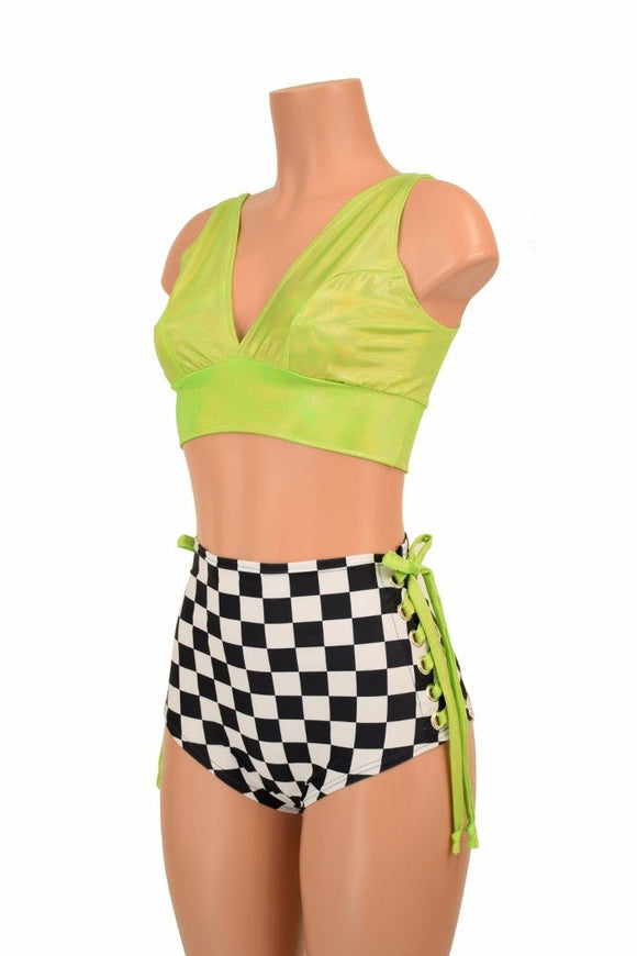 2PC Lime & Checkered Lace Up Set - Coquetry Clothing