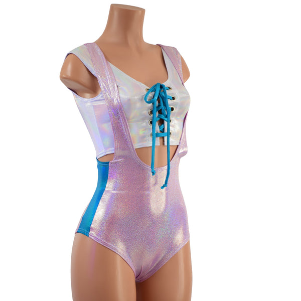 2PC Suspender Romper & Lace Up Top Set - 2