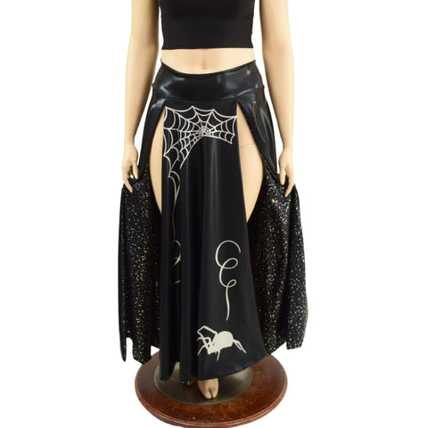 Black Mystique Double Split Skirt with Silver Spider and Star Noir Lining - Coquetry Clothing