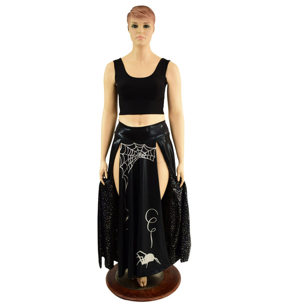 Black Mystique Double Split Skirt with Silver Spider and Star Noir Lining - 3