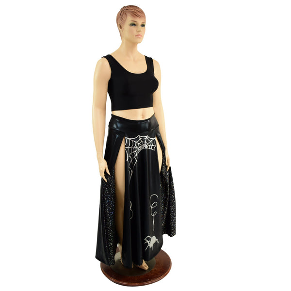 Black Mystique Double Split Skirt with Silver Spider and Star Noir Lining - 4