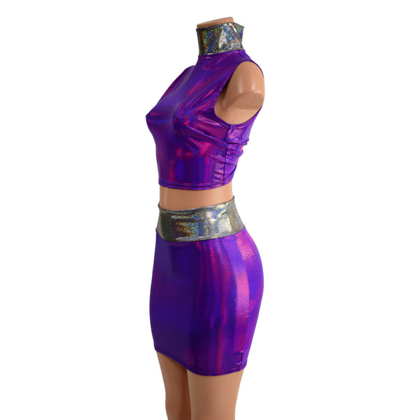 Purple Crop Top & Bodycon Skirt Set with Silver Holo Trim - 3