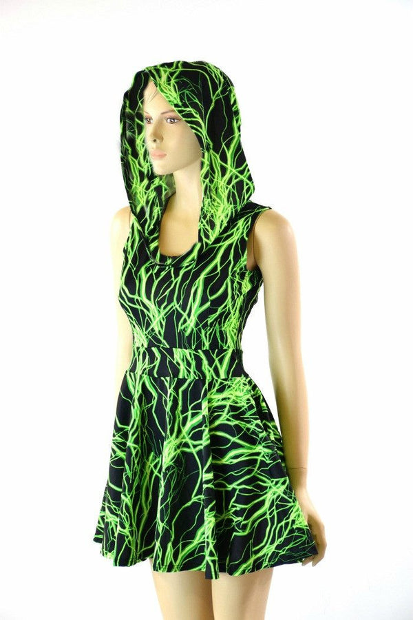 Green Lightning Pocket Hoodie Skater Dress - 1