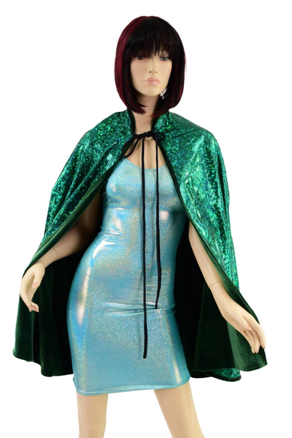 35" Collared Cape in Green Velvet, lined with Green Shattered Glass - Coquetry Clothing 35" Collared Cape in Green Velvet, lined with Green Shattered Glass - Coquetry Clothing