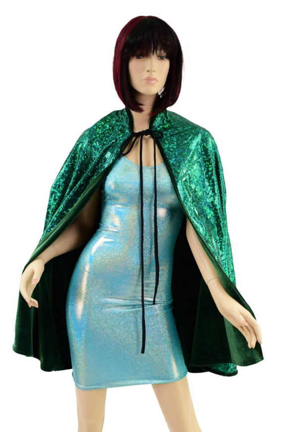 35" Collared Cape in Green Velvet, lined with Green Shattered Glass - Coquetry Clothing