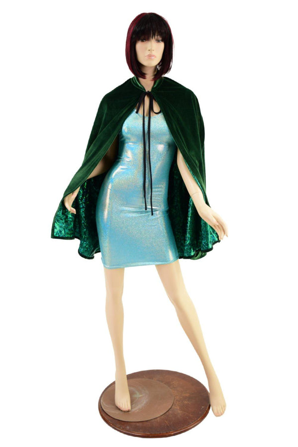 35" Collared Cape in Green Velvet, lined with Green Shattered Glass - 2