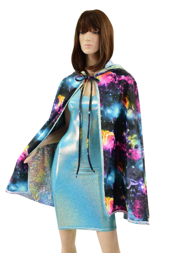 35" Hooded Rainbow Shattered Glass Cape with Galaxy Lining - Coquetry Clothing