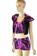 3PC Pink Lightning Hoodie, Crop and Shorts Set - Coquetry Clothing