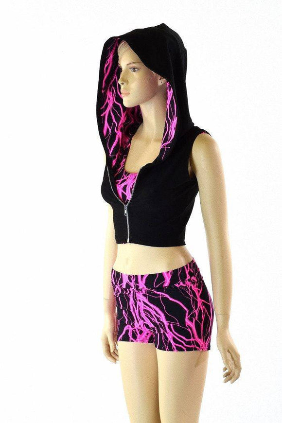 3PC Pink Lightning Hoodie, Crop and Shorts Set - Coquetry Clothing