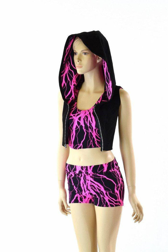 3PC Pink Lightning Hoodie, Crop and Shorts Set - Coquetry Clothing