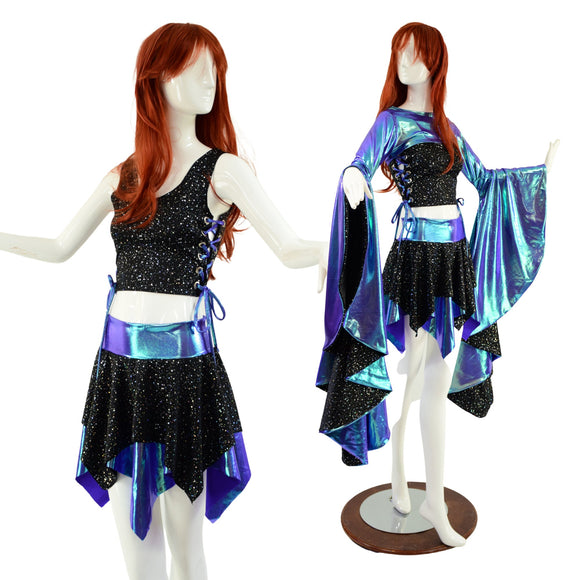 3PC Pixie Skirt & Lace Up Side Crop Tank with Sorceress Bolero Set - Coquetry Clothing