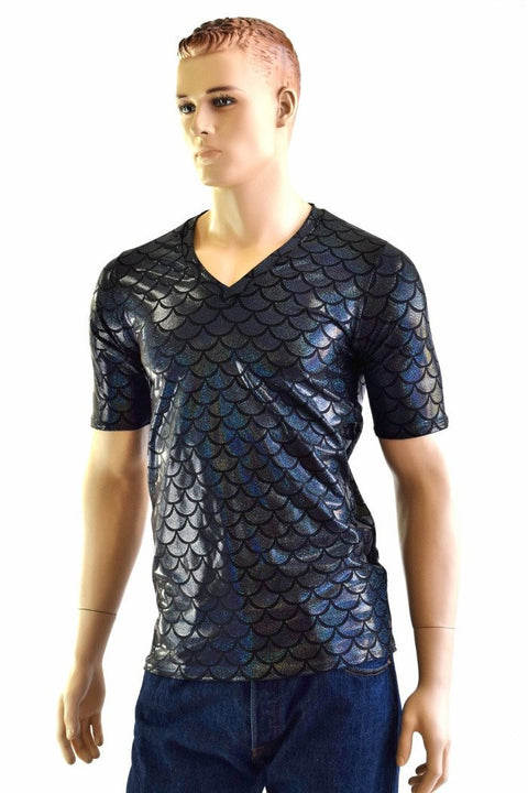Mens Black Dragon Scale V Neck Top - Coquetry Clothing