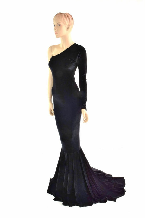 One Shoulder Black Velvet Puddle Train Gown - Coquetry Clothing