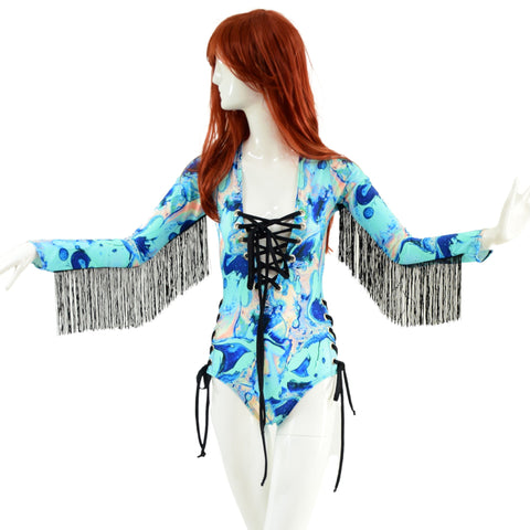 Lace Up Fringe Romper in Lapis Lagoon - Coquetry Clothing