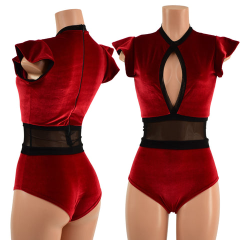 Red Velvet Keyhole & Mesh Romper - Coquetry Clothing