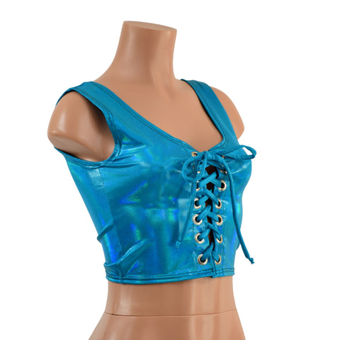 Lace Up Crop Tank in Peacock Blue Holographic - Coquetry Clothing
