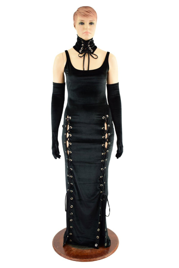 Double Lace Up Thin Strap Velvet Gown (Collar and Gloves Sold Separately) - 7