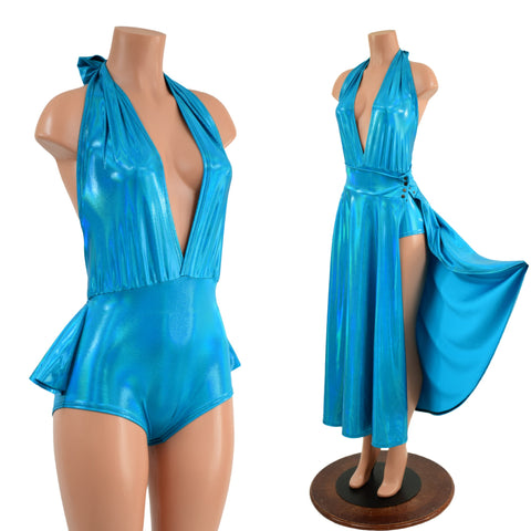 Ruffled Rump Josie Romper & Breakaway Maxi Skirt in Peacock Holographic - Coquetry Clothing