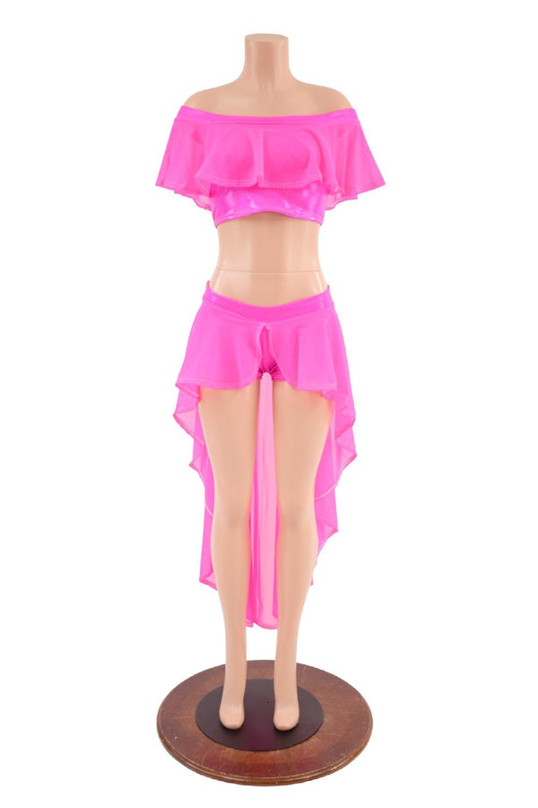 Neon Pink Sheer Mesh Off Shoulder Top & Shorts Set - 2