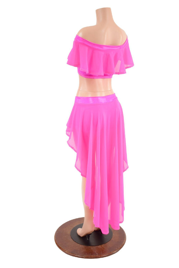Neon Pink Sheer Mesh Off Shoulder Top & Shorts Set - 4