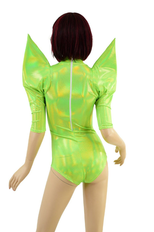 Neon Lime Holographic Mega Sharp Shoulder Romper - 3