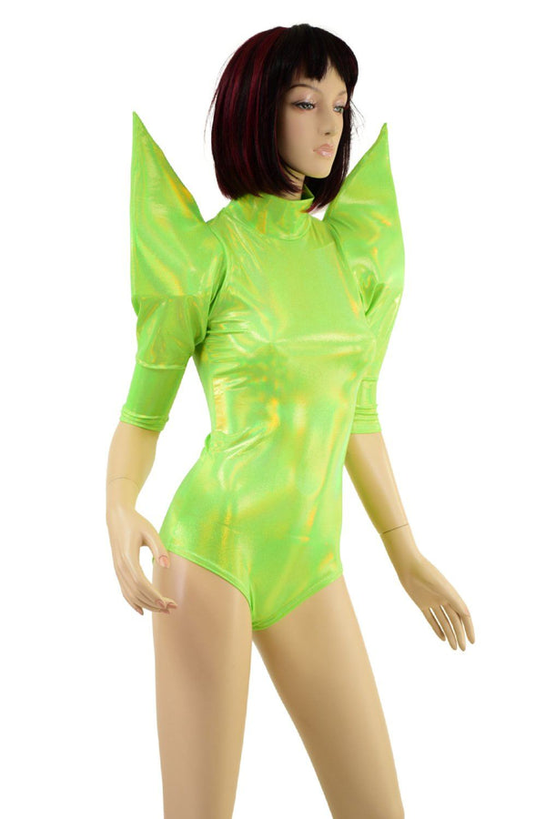 Neon Lime Holographic Mega Sharp Shoulder Romper - 2