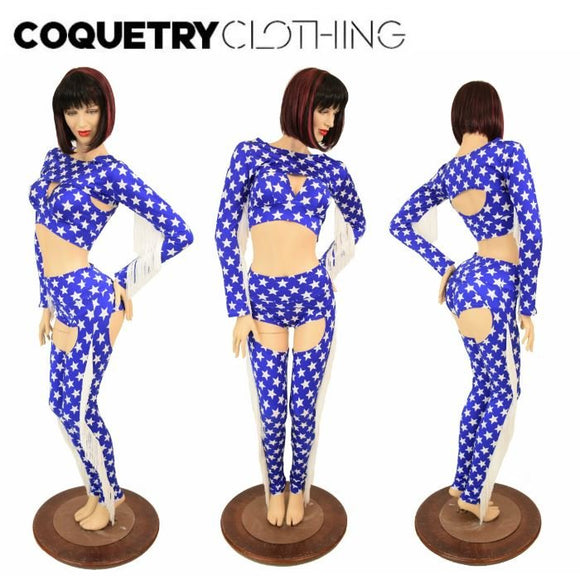 4PC Blue & White Star Fringe Bolero and Chaps Set - Coquetry Clothing