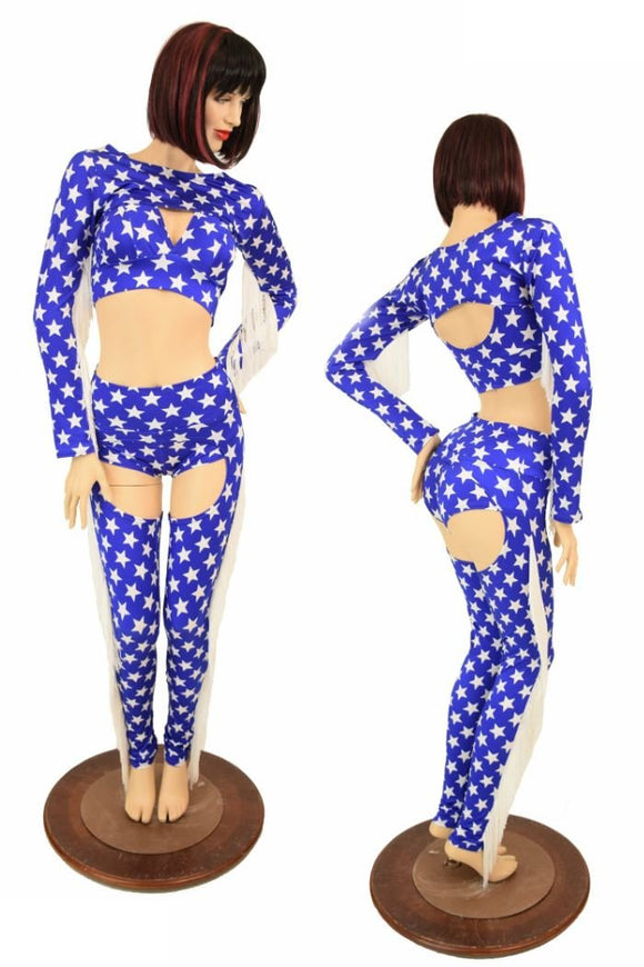4PC Blue & White Star Fringe Bolero and Chaps Set - Coquetry Clothing