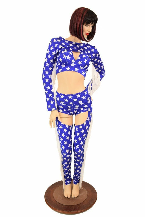 4PC Blue & White Star Fringe Bolero and Chaps Set - Coquetry Clothing