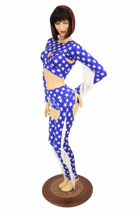 4PC Blue & White Star Fringe Bolero and Chaps Set - Coquetry Clothing