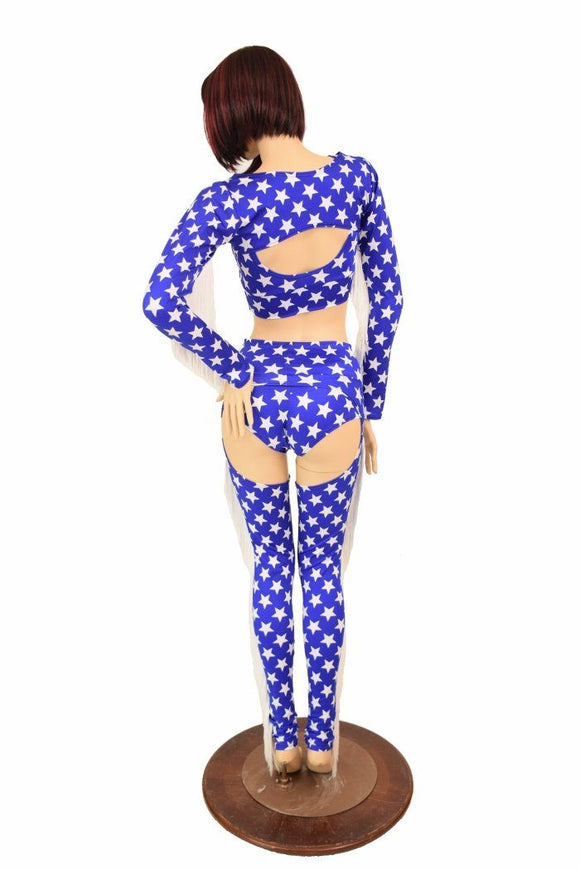 4PC Blue & White Star Fringe Bolero and Chaps Set - Coquetry Clothing