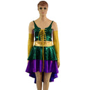 4PC Hi Lo Layered Mardi Gras Skirt, Lace Up Top and Arm Warmer Set - Coquetry Clothing