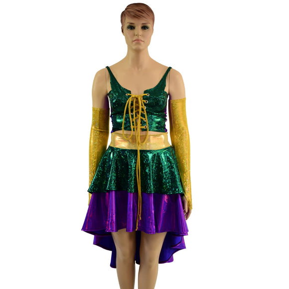 4PC Hi Lo Layered Mardi Gras Skirt, Lace Up Top and Arm Warmer Set - Coquetry Clothing