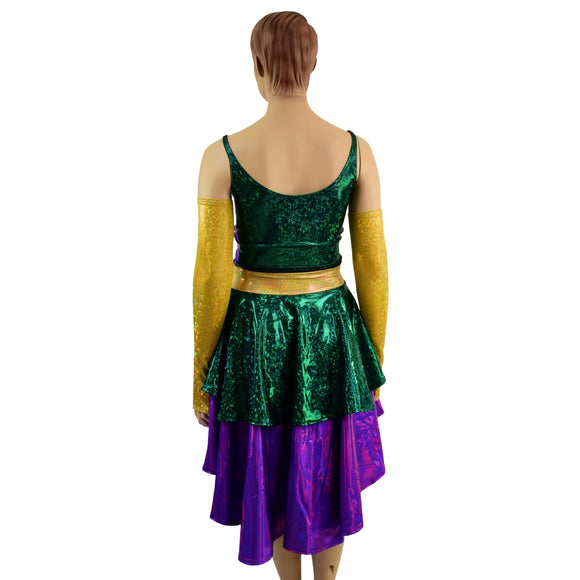 4PC Hi Lo Layered Mardi Gras Skirt, Lace Up Top and Arm Warmer Set - Coquetry Clothing