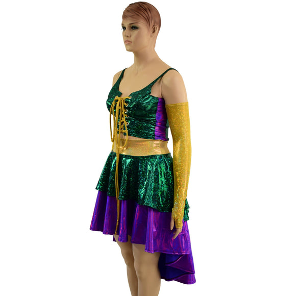 4PC Hi Lo Layered Mardi Gras Skirt, Lace Up Top and Arm Warmer Set - Coquetry Clothing