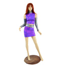 4PC Purple Crop Top & Skirt Set with Silver Holo Trim and Arm Warmers - Coquetry Clothing
