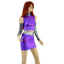 4PC Purple Crop Top & Skirt Set with Silver Holo Trim and Arm Warmers - Coquetry Clothing