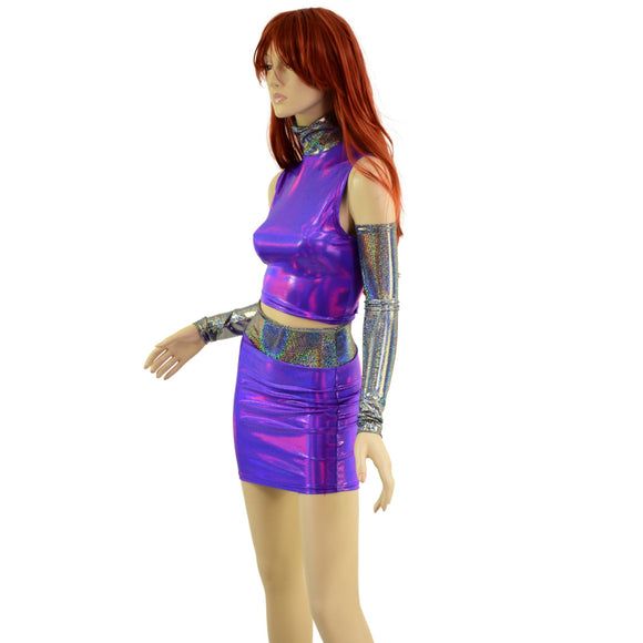 4PC Purple Crop Top & Skirt Set with Silver Holo Trim and Arm Warmers - Coquetry Clothing