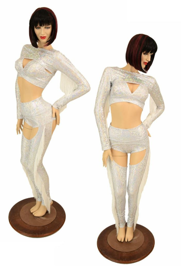 4PC Silver/White Shattered Glass Fringe Bolero & Chaps Set - Coquetry Clothing