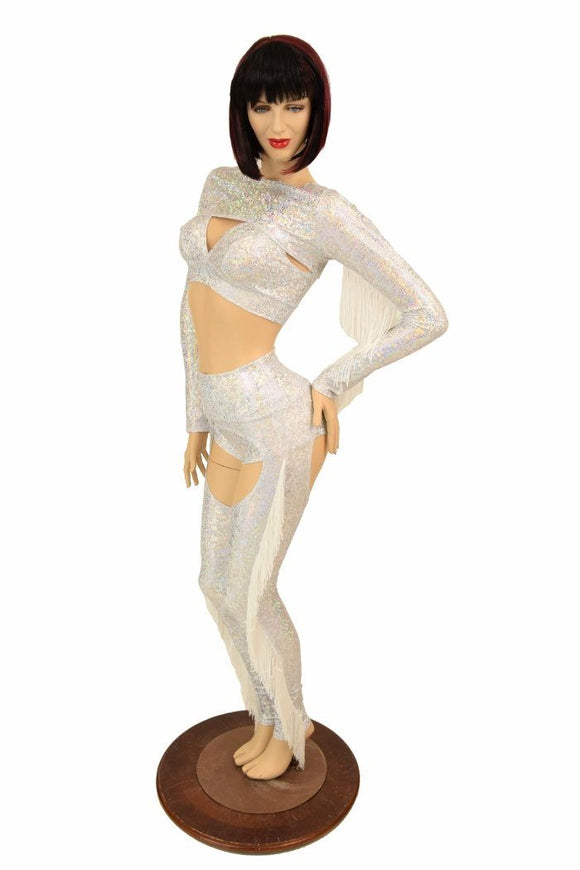 4PC Silver/White Shattered Glass Fringe Bolero & Chaps Set - Coquetry Clothing