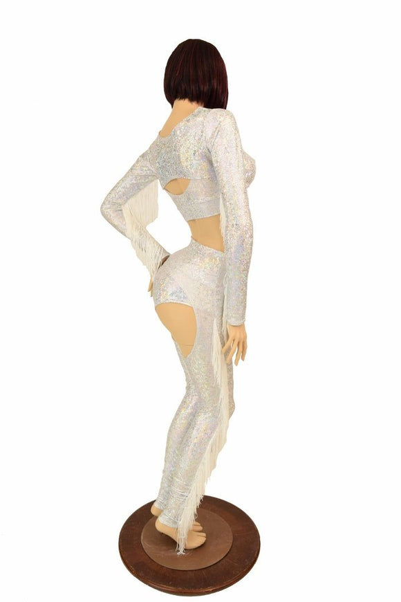 4PC Silver/White Shattered Glass Fringe Bolero & Chaps Set - Coquetry Clothing